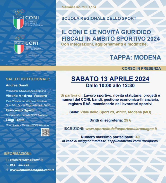 IL CONI E LE NOVITÀ GIURIDICO  FISCALI IN AMBITO SPORTIVO 2024 - Modena 