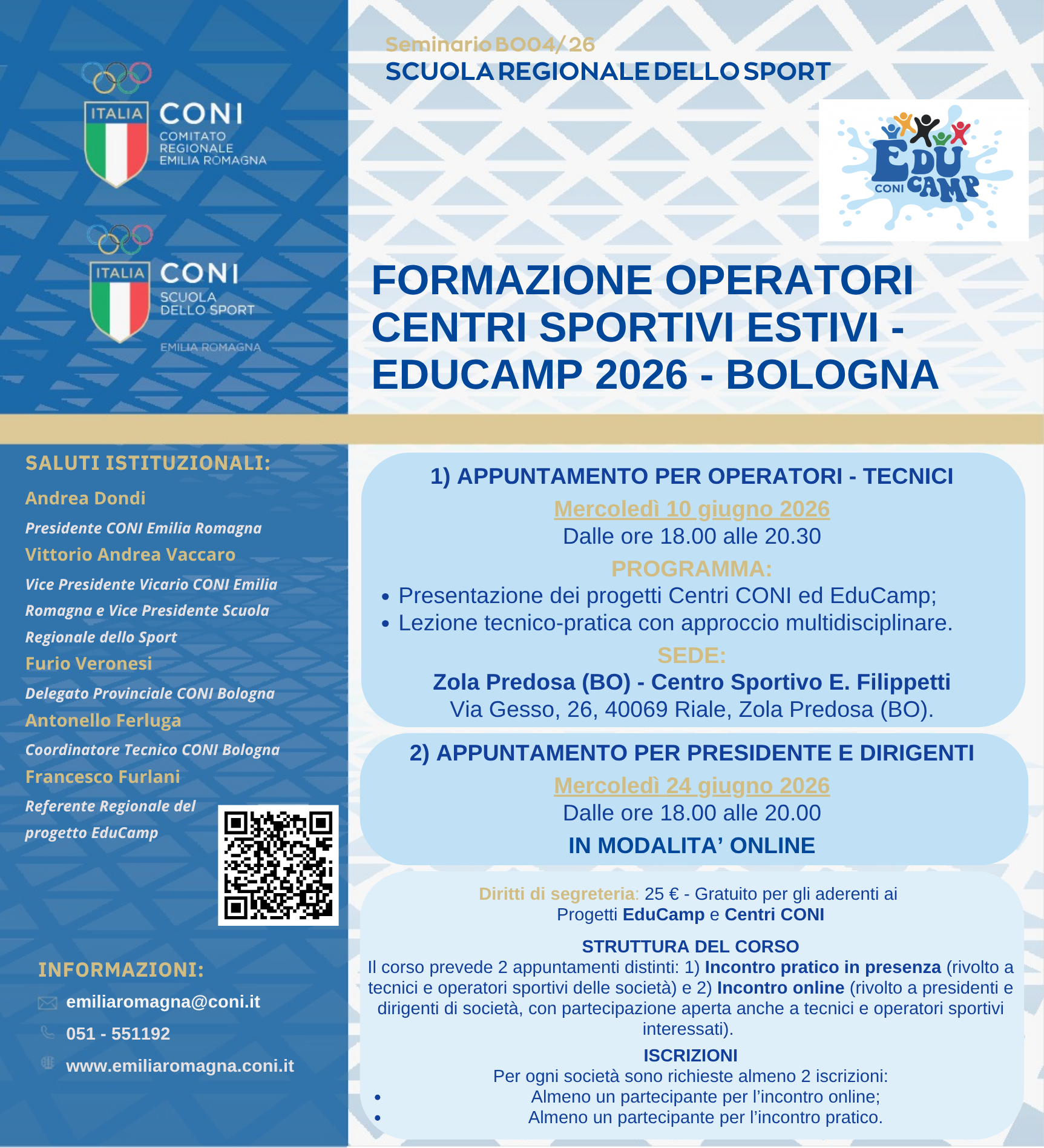 FORMAZIONE OPERATORI CENTRI SPORTIVI ESTIVI - EDUCAMP 2026 - BOLOGNA