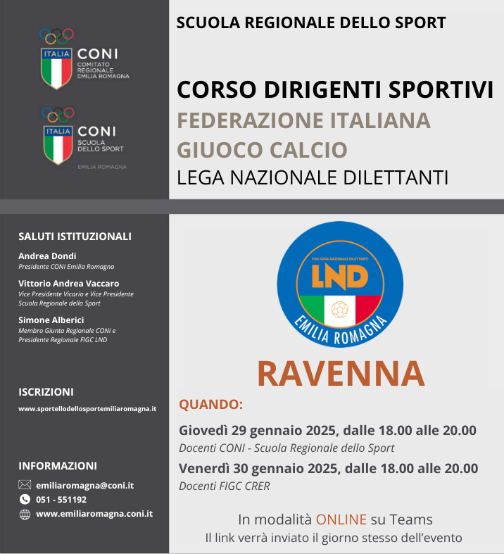 CORSO DIRIGENTI SPORTIVI: FEDERAZIONE ITALIANA GIUOCO CALCIO – LEGA NAZIONALE DILETTANTI – RAVENNA