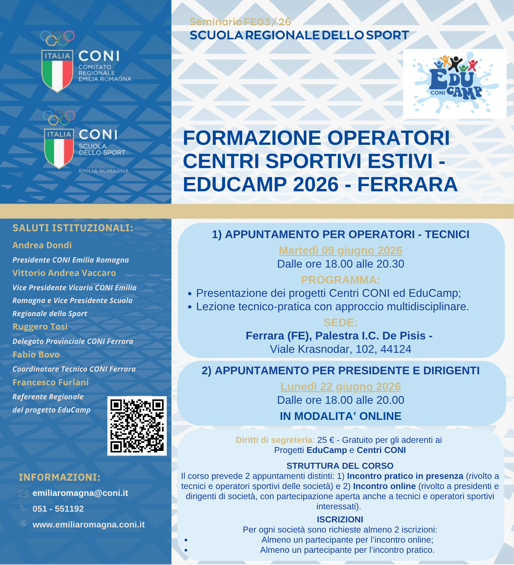 FORMAZIONE OPERATORI CENTRI SPORTIVI ESTIVI - EDUCAMP 2026 - FERRARA