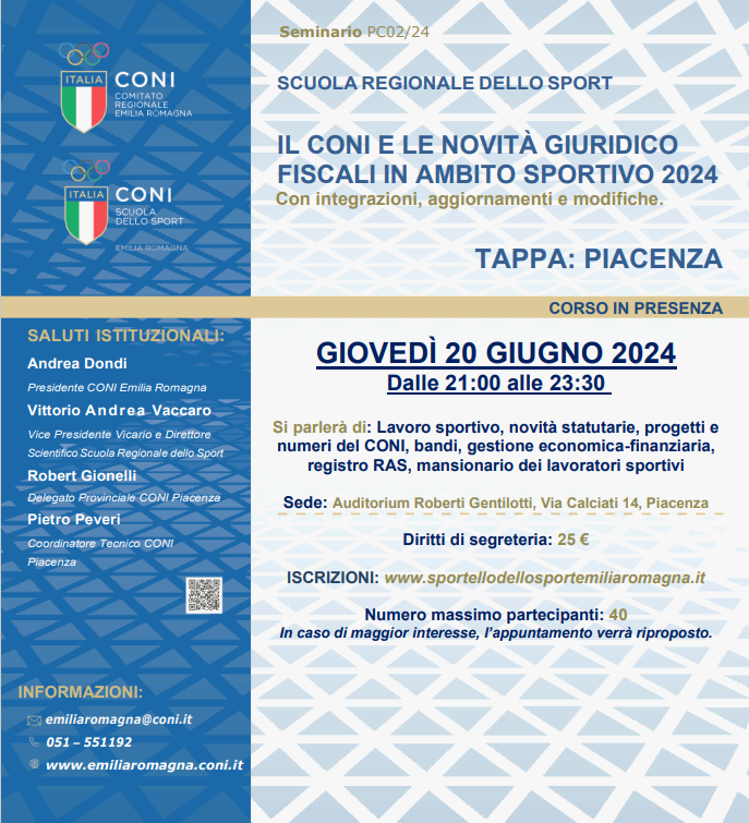 IL CONI E LE NOVITÀ GIURIDICO FISCALI IN AMBITO SPORTIVO 2024 - Piacenza 