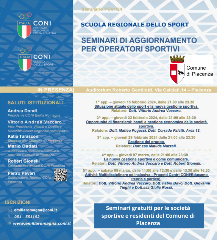 PIACENZA - SEMINARI DI AGGIORNAMENTO PER OPERATORI SPORTIVI