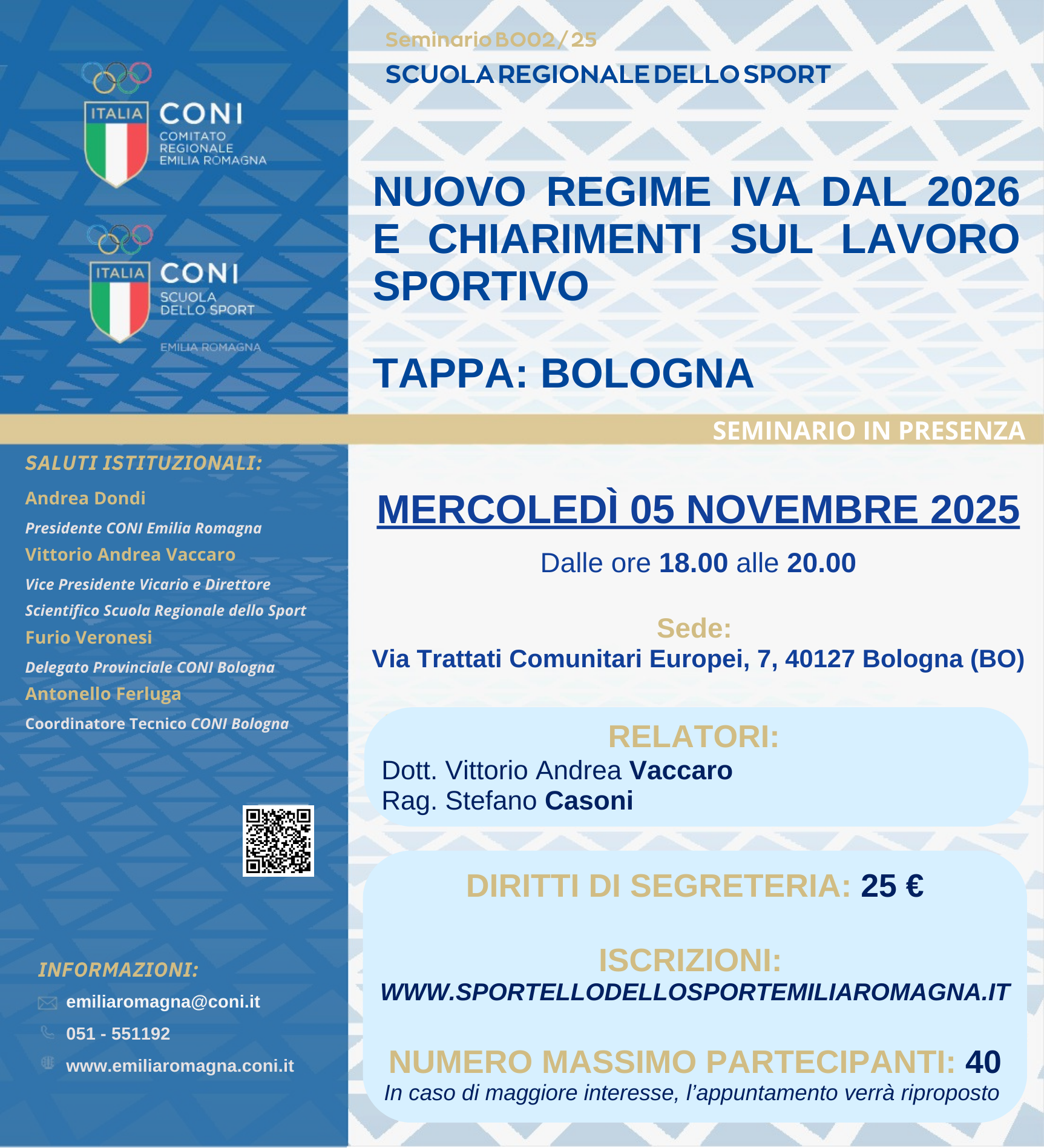 NUOVO REGIME IVA DAL 2026 E CHIARIMENTI SUL LAVORO SPORTIVO – BOLOGNA